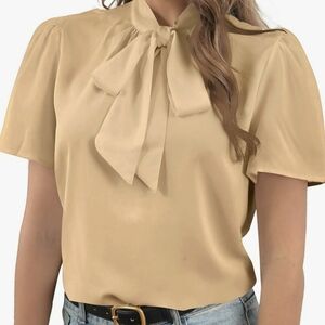 Rooscier Bow Tie Knot‎ Mock Neck Short Sleeve Workwear Blouse Shirt Top Tan XXL